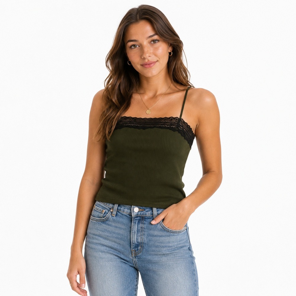 Madewell Camisole Women Large Green Ribbed Lace Trim Spaghetti Strap NY280 NEW